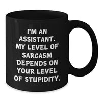 Load image into Gallery viewer, Funny Assistant Gifts, Black Coffee Mug for Birthday from Friends, &#39;I&#39;m An Assistant. My Level Of Sarcasm Depends On Your Level Of Stupidity.&#39; Quote, Microwave and Dishwasher Safe - Additional
