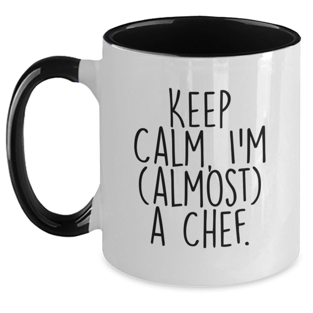 Funny Chef Gifts for Men, Christmas Unique Gifts from Friends to Family, Two Tone Coffee Mug 'Keep Calm, I'm (almost) A Chef.' - Main