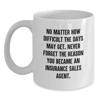 Load image into Gallery viewer, Funny Inspirational Gifts from Men to Insurance Sales Agent Friends at Christmas Time - White Coffee Mug, &#39;Never Forget The Reason You Became An Insurance Sales Agent&#39; Quote - Main
