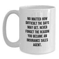 Load image into Gallery viewer, Funny Inspirational Gifts from Men to Insurance Sales Agent Friends at Christmas Time - White Coffee Mug, &#39;Never Forget The Reason You Became An Insurance Sales Agent&#39; Quote - Main
