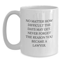 Load image into Gallery viewer, Funny Lawyer Gifts from Friends and Family, Inspirational White Coffee Mug for Lawyer Graduation, &#39;No Matter How Difficult The Days May Get. Never Forget The Reason You Became A Lawyer.&#39; - Main

