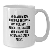 Load image into Gallery viewer, Funny Inspirational Gifts from Men to Insurance Sales Agent Friends at Christmas Time - White Coffee Mug, &#39;Never Forget The Reason You Became An Insurance Sales Agent&#39; Quote - Additional
