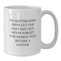 Load image into Gallery viewer, Funny Lawyer Gifts from Friends and Family, Inspirational White Coffee Mug for Lawyer Graduation, &#39;No Matter How Difficult The Days May Get. Never Forget The Reason You Became A Lawyer.&#39; - Additional

