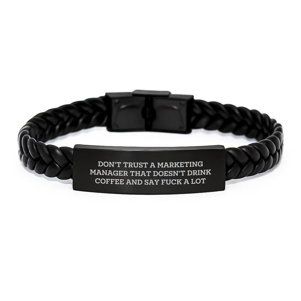 Funny Marketing Manager Gifts, Interlaced Leather Braces for Men, 'Don't Trust A Marketing Manager That Doesn't Drink Coffee And Say F--k A Lot' Quote, Graduation Unique Gifts from Family - Image 1