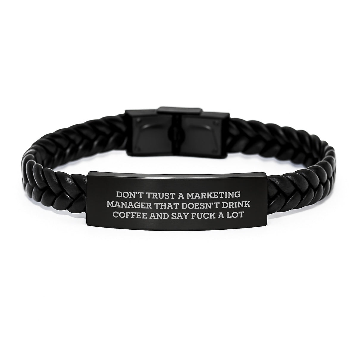 Funny Marketing Manager Gifts, Interlaced Leather Braces for Men, 'Don't Trust A Marketing Manager That Doesn't Drink Coffee And Say F--k A Lot' Quote, Graduation Unique Gifts from Family - Image 1