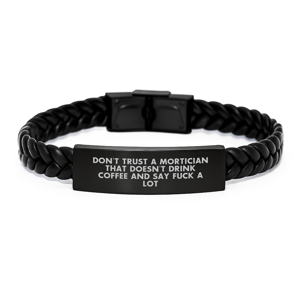 Funny Mortician Gifts from Friends, Unique Interlaced Leather Birthday Presents for Mortician Men, Don't Trust A Mortician That Doesn't Drink Coffee - Image 1