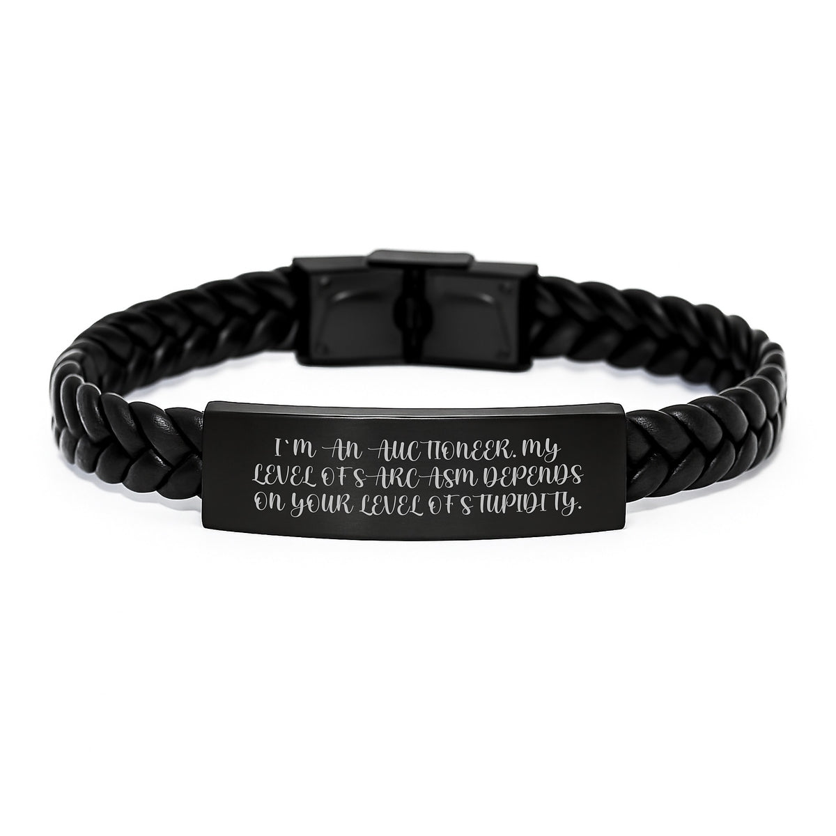 Auctioneer Gifts from Friends, Funny Inspirational Interlaced Leather Bracelet for Birthday, Gifts for Auctioneer Men, 'I'm An Auctioneer. My Level Of Sarcasm Depends On Your Level Of Stupidity.' - Image 1