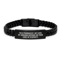 Load image into Gallery viewer, Funny Pharmacist Gifts from Men to Birthday Pharmacist, I&#39;m A Pharmacist. My Level Of Sarcasm Depends On Your Level Of Stupidity. Interlaced Leather Bracelet for Men, Women, Coworkers, Family - Image 1
