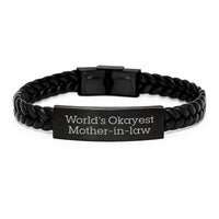 Load image into Gallery viewer, Funny Mom-in-law Gifts, World&#39;s Okayest Mom-in-law Interlaced Leather Bracelet for Birthday, Gifts from Family - A Durable Stainless Steel and PU Leather Combination - Image 1
