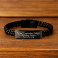 Load image into Gallery viewer, Funny Veterinarian Gifts from Friends Birthday Unique Interlaced Leather Bracelet Sayings &#39;I Am A Veterinarian. To Save Time Let&#39;s Just Assume I&#39;m Never Wrong.&#39; for Veterinarian Men - Image 2
