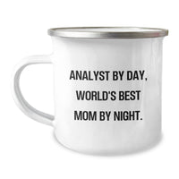 Load image into Gallery viewer, Funny Analyst Gifts from Mom to Daughter Graduation Unique Camping Mugs, World&#39;s Best Mom, 12 oz Stainless Steel with Enamel Finish, Perfect for Analyst By Day, World&#39;s Best Mom By Night. - Image 1
