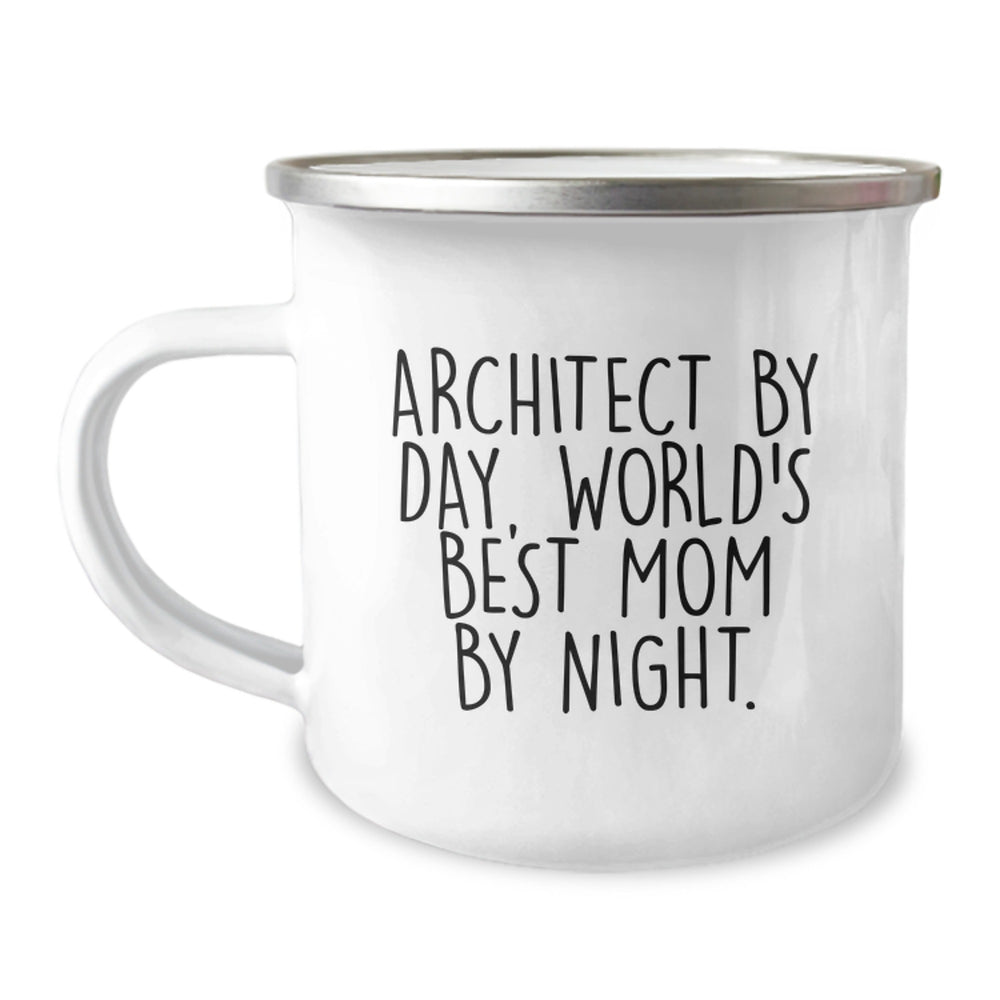 Architect Gifts from Mom, Funny Camping Mug for Graduation, 'Architect By Day, World's Best Mom By Night.' Quote, 12 oz Stainless Steel with Enamel Finish - Image 1