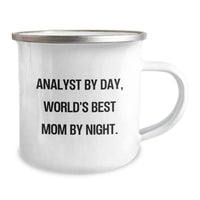 Load image into Gallery viewer, Funny Analyst Gifts from Mom to Daughter Graduation Unique Camping Mugs, World&#39;s Best Mom, 12 oz Stainless Steel with Enamel Finish, Perfect for Analyst By Day, World&#39;s Best Mom By Night. - Image 2
