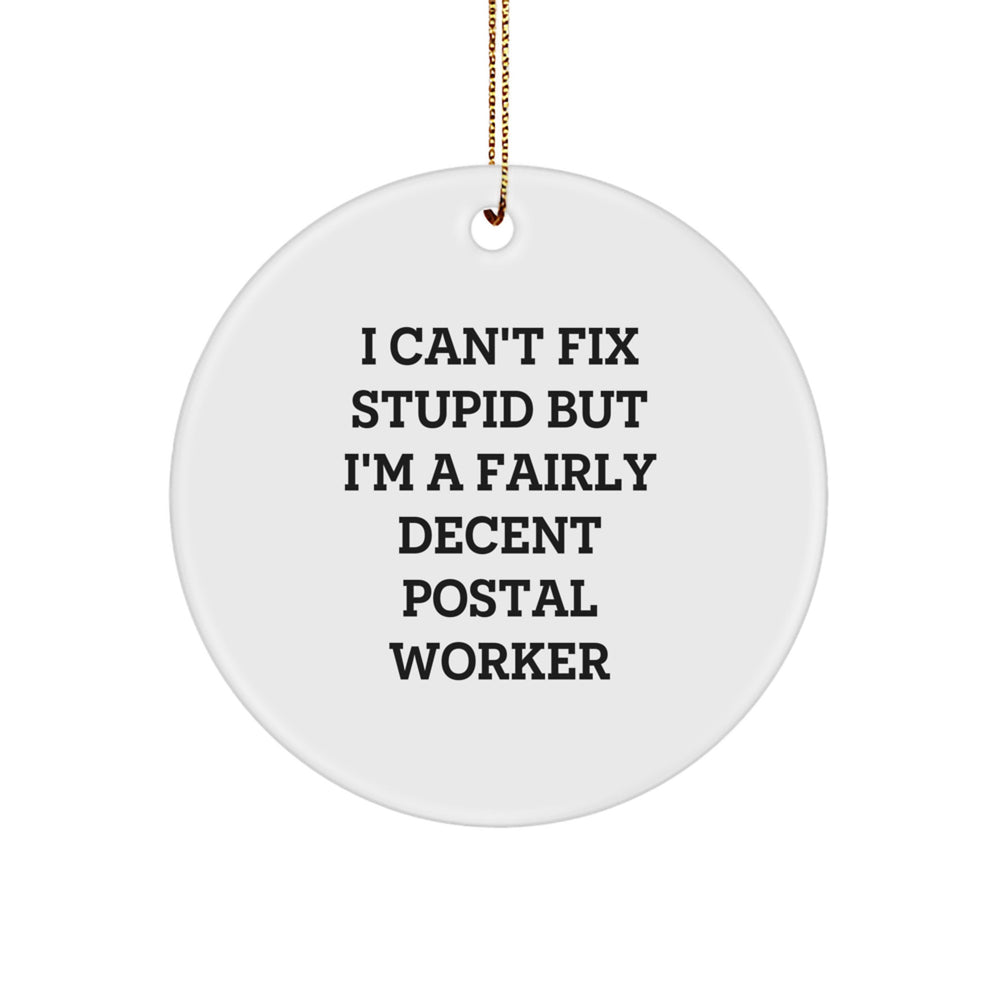 Funny Postal Worker Gifts - Circle Ornament 'I Can't Fix Stupid But I'm A Fairly Decent Postal Worker' for Christmas, Gifts from Men to Friends, Coworkers, Family - Image 1