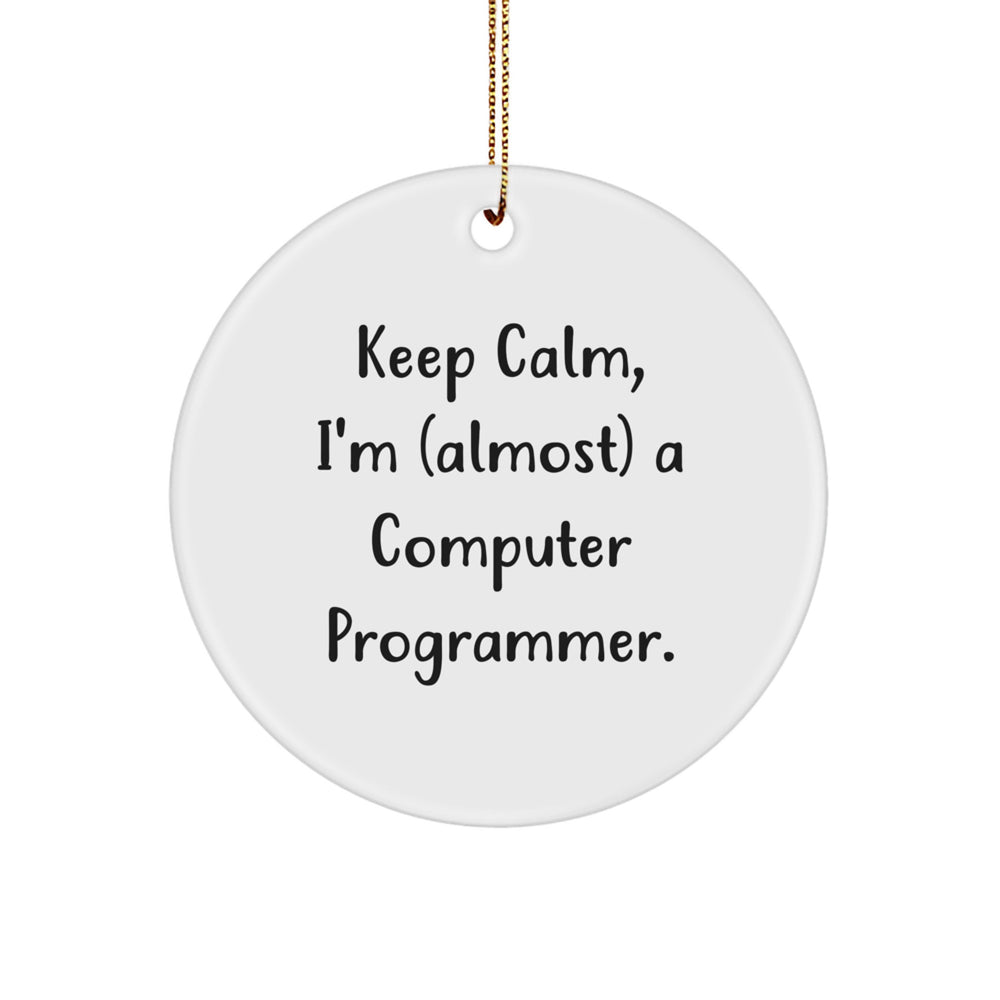 Funny Computer Programmer Gifts for Men and Women - 'Keep Calm, I'm (almost) A Computer Programmer.' Circle Ornament, Christmas Unique Gifts from Friends, Coworkers, Family - Image 1