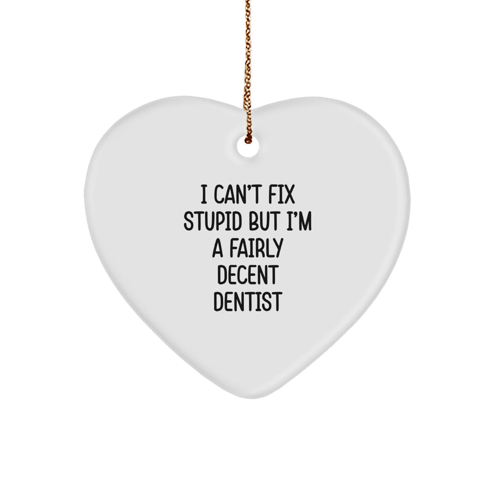 Funny Dentist Gifts from Men to Friends - Heart Ornament with Quote 'I Can't Fix Stupid But I'm A Fairly Decent Dentist' for Christmas - Image 1