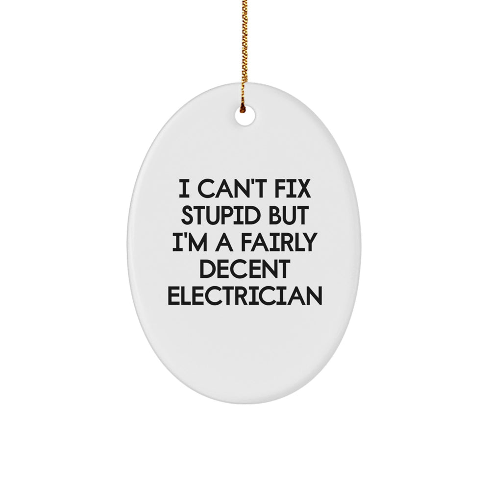 Funny Electrician Gifts from Family - Oval Ornament for Electrician Friends, Unique Christmas Decorations, I Can't Fix Stupid But I'm A Fairly Decent Electrician - Image 1